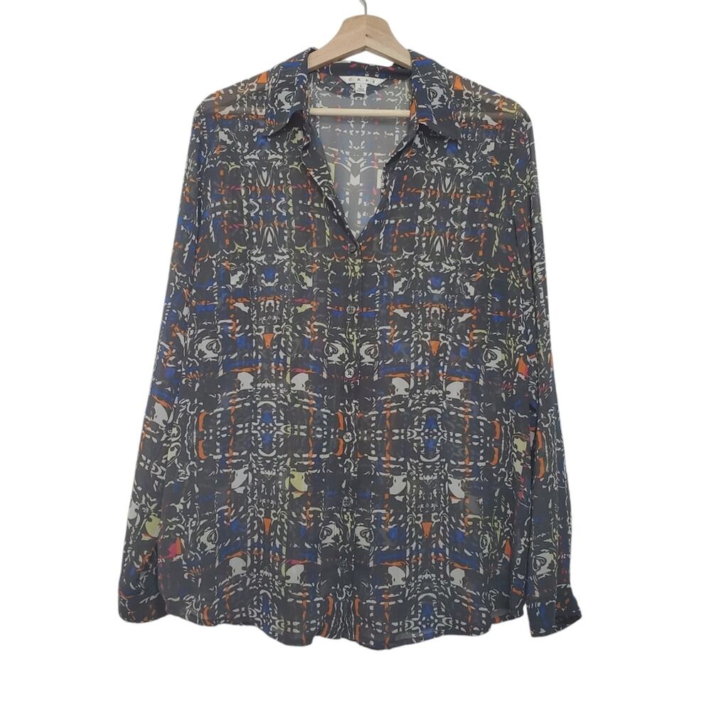 Cabi | Abstract Pattern Sheer Lightweight Button Up Long Sleeve Blouse Top